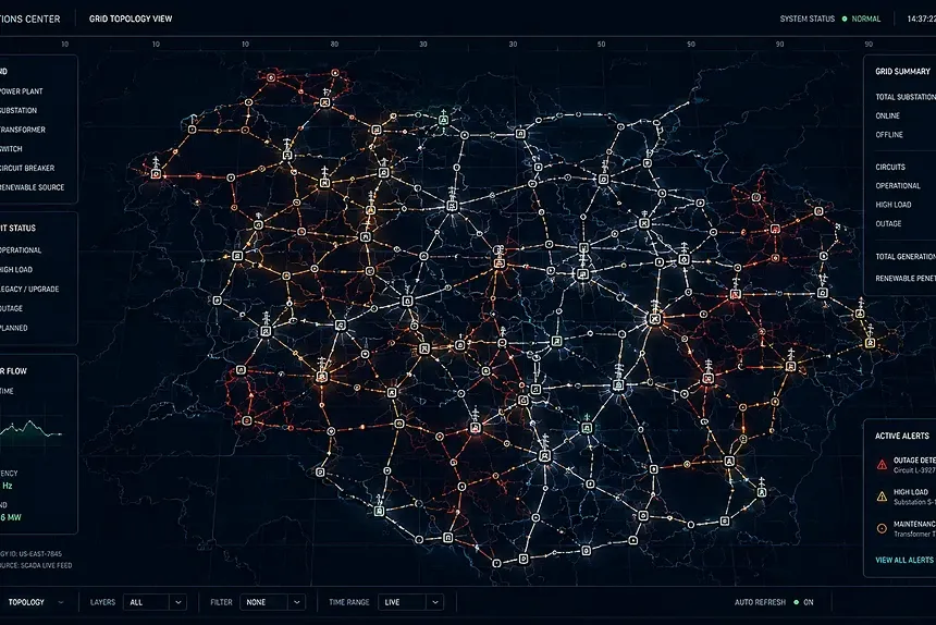 Visning fra et driftscenter af et nationalt elnet med live topologi og alarmer
